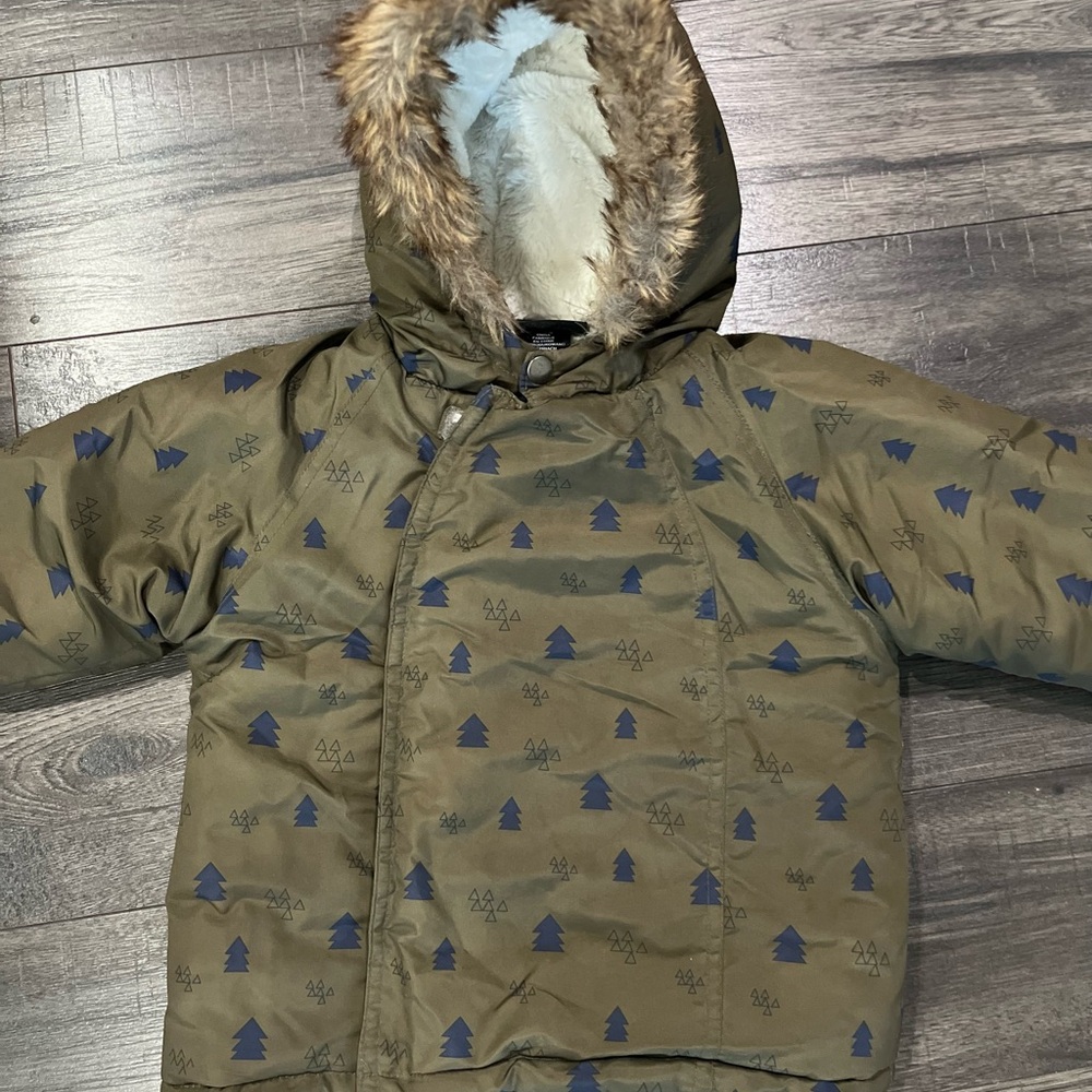 Warm Fur-Lined Kids Puffer Jacket in Olive